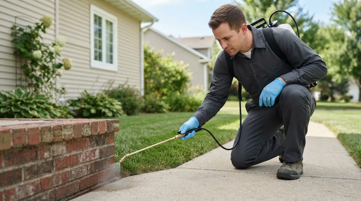 Pest control technician treating a home near Dillard, GA